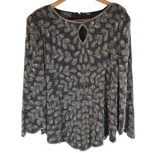 Vintage Sequin Beaded Silk 2X Black Silver Top Jakelin Designs